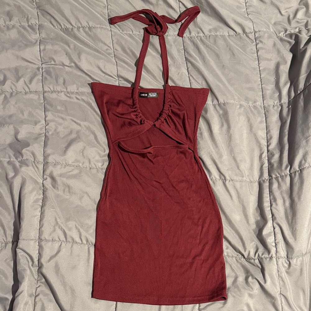 Elegant Maroon Halter Cutout Dress